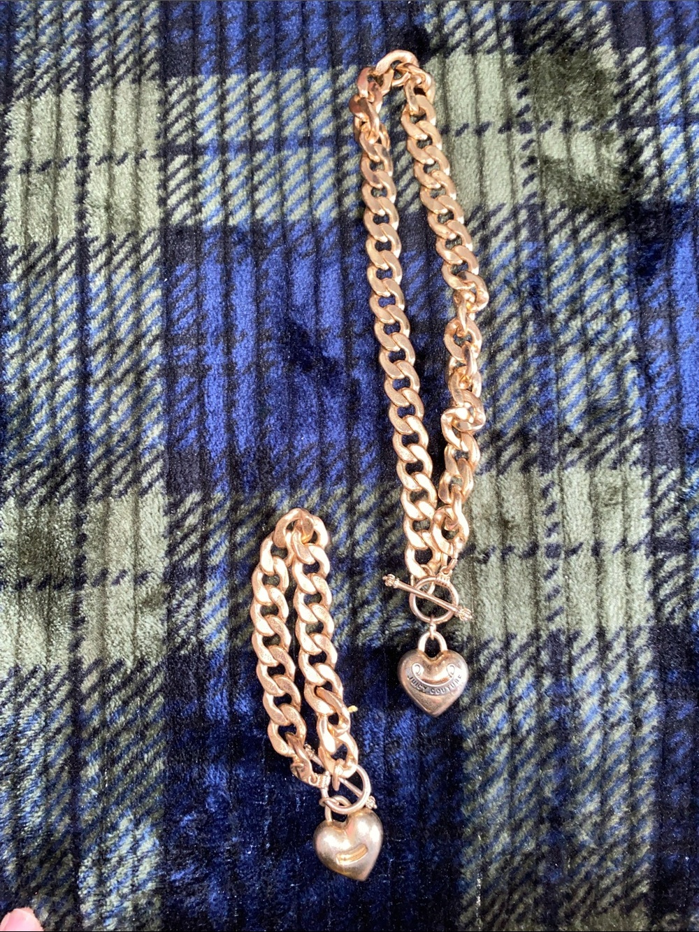 Juicy Couture Rose Gold Heart Charm Necklace & Bracelet Set Y2K VINTAGE CHUNKY